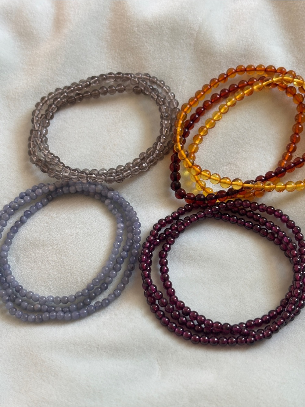 Set of 4 Beaded Wrap Bracelets / Smoky Quartz, Amber, Tanzanite, Garn